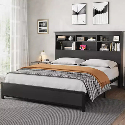 Bed Frame with 2 Tier Bookcase Storage and High Headboard, No Box Spring Needed Easy Assemble Black Mattress Frame