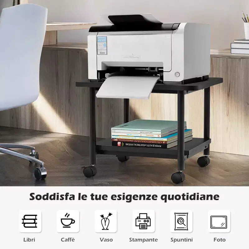 Chariot à imprimante roulant à 2 niveaux sous le bureau avec 2 étagères de rangement Support d'imprimante