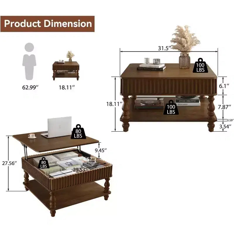 Table basse relevable moderne avec rangement, Table basse avec plateau massif