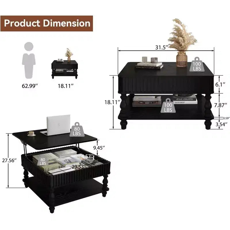 Table basse relevable moderne avec rangement, Table basse avec plateau massif