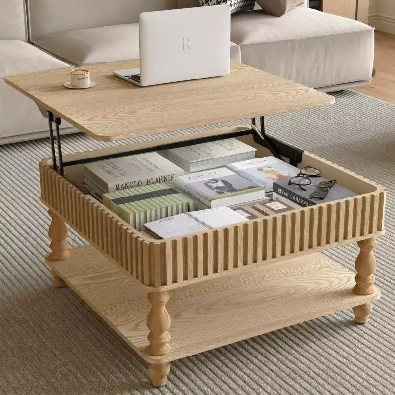 Table basse relevable moderne avec rangement, Table basse avec plateau massif
