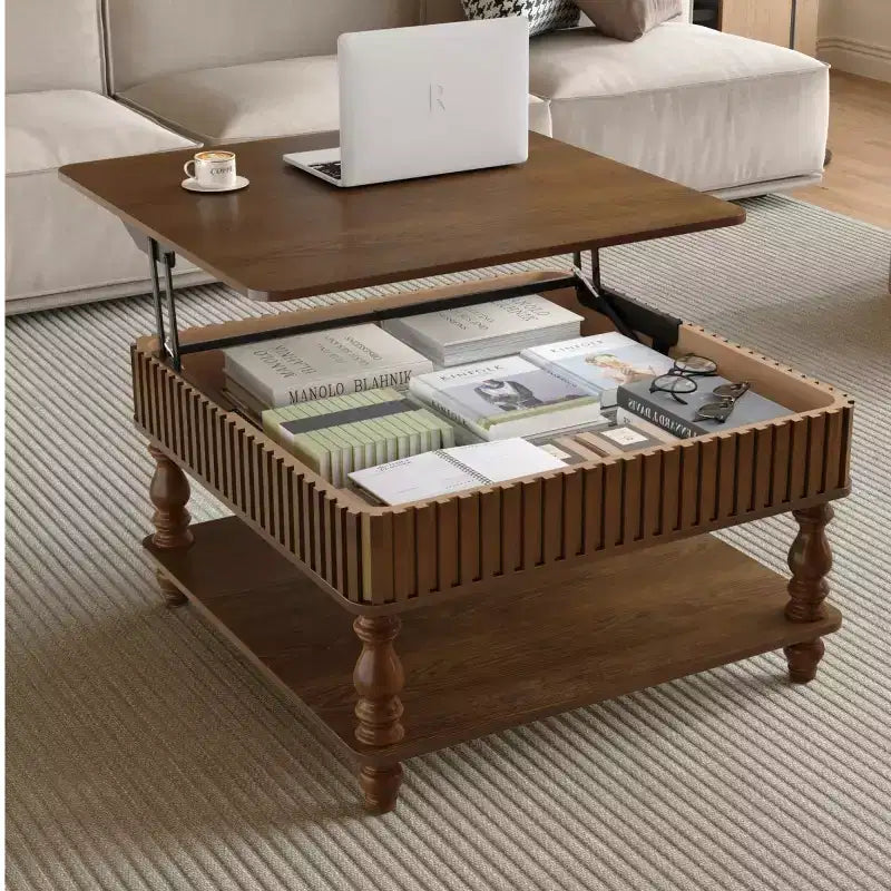 Table basse relevable moderne avec rangement, Table basse avec plateau massif
