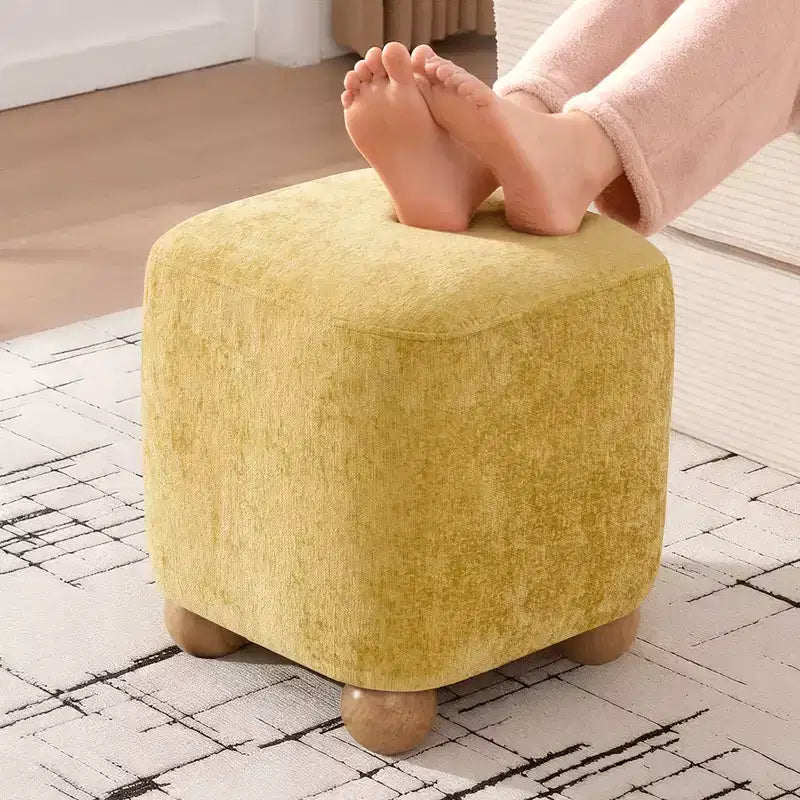 Repose-pieds carré capitonné en chenille avec cadre en bois d'acacia massif