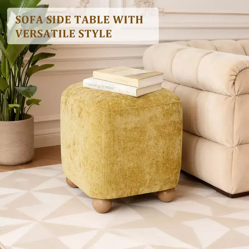 Repose-pieds carré capitonné en chenille avec cadre en bois d'acacia massif