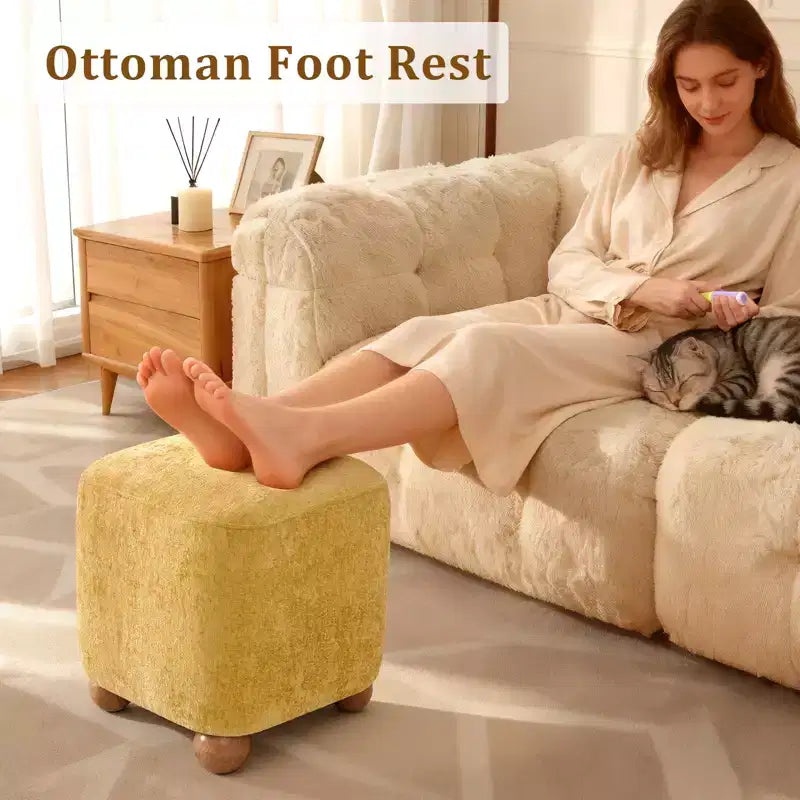 Repose-pieds carré capitonné en chenille avec cadre en bois d'acacia massif
