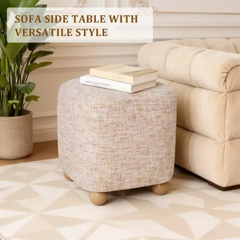 Repose-pieds carré capitonné en chenille avec cadre en bois d'acacia massif