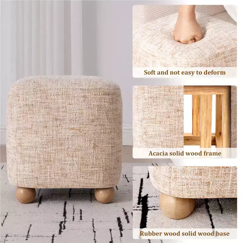 Repose-pieds carré capitonné en chenille avec cadre en bois d'acacia massif
