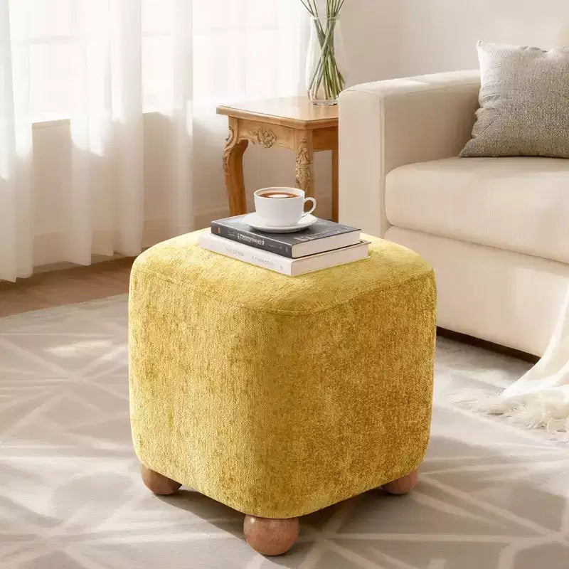 Repose-pieds carré capitonné en chenille avec cadre en bois d'acacia massif