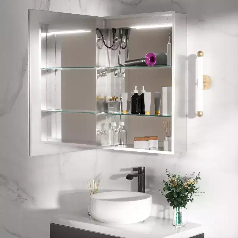Armoire de toilette rectangulaire en aluminium avec miroir et lumière