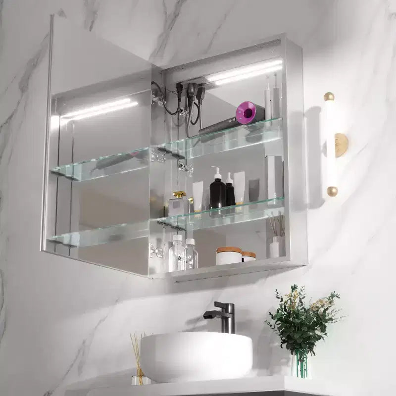 Armoire de toilette rectangulaire en aluminium avec miroir et lumière
