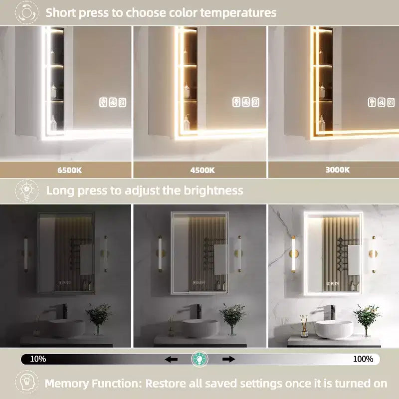 Armoire de toilette rectangulaire en aluminium avec miroir et lumière