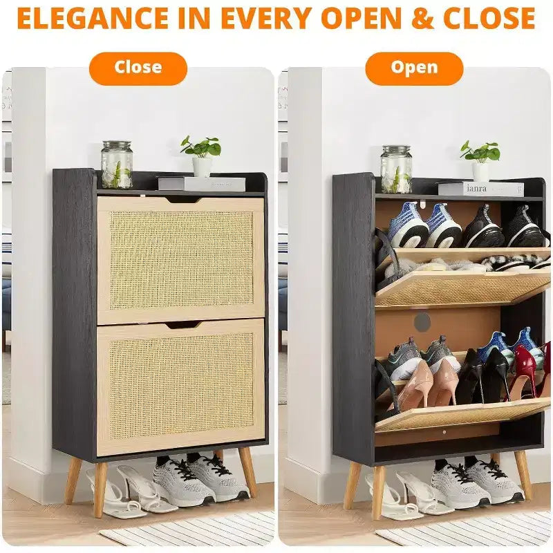 Meuble à chaussures dissimulé, tiroir basculant en rotin et dispositif anti-basculement