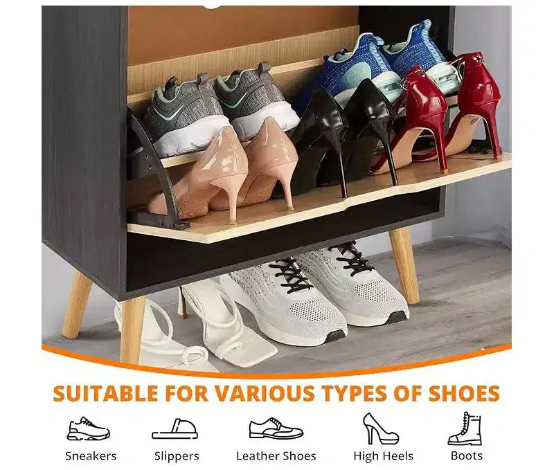 Meuble à chaussures dissimulé, tiroir basculant en rotin et dispositif anti-basculement