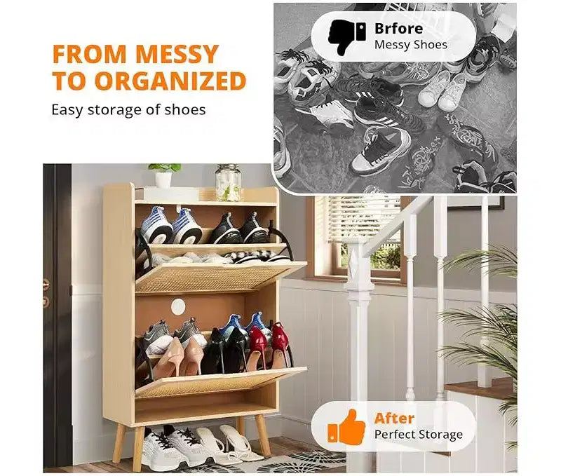 Meuble à chaussures dissimulé, tiroir basculant en rotin et dispositif anti-basculement