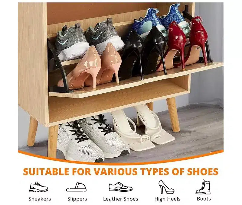 Meuble à chaussures dissimulé, tiroir basculant en rotin et dispositif anti-basculement