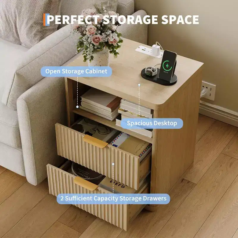Table de chevet encastrée avec deux tiroirs et espace de rangement ouvert