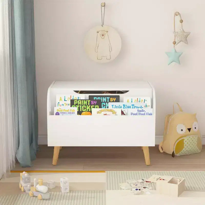 Boîte à jouets en bois, boîte de rangement et organisateur de jouets avec étagère frontale