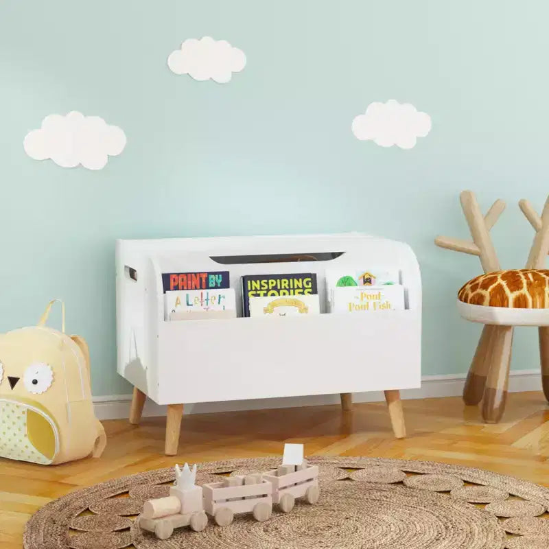 Boîte à jouets en bois, boîte de rangement et organisateur de jouets avec étagère frontale