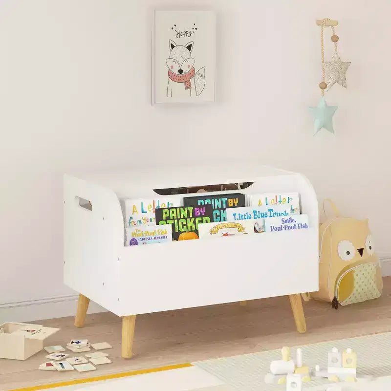 Boîte à jouets en bois, boîte de rangement et organisateur de jouets avec étagère frontale