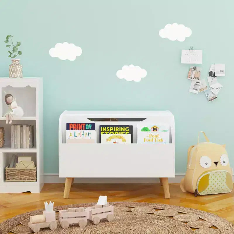 Boîte à jouets en bois, boîte de rangement et organisateur de jouets avec étagère frontale