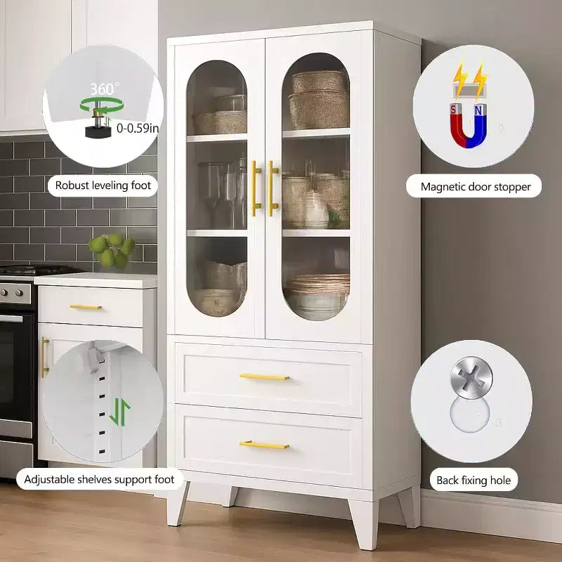 Meuble de rangement pour garde-manger avec tiroir, portes en verre, meuble de garde-manger en métal