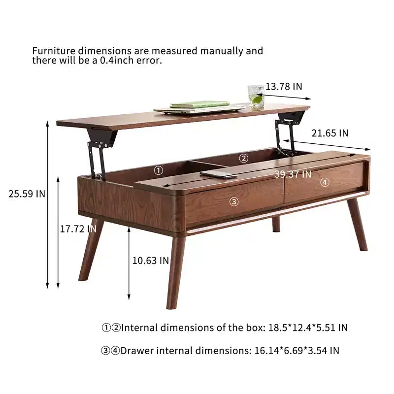 Table basse relevable, table centrale en chêne massif avec rangement caché