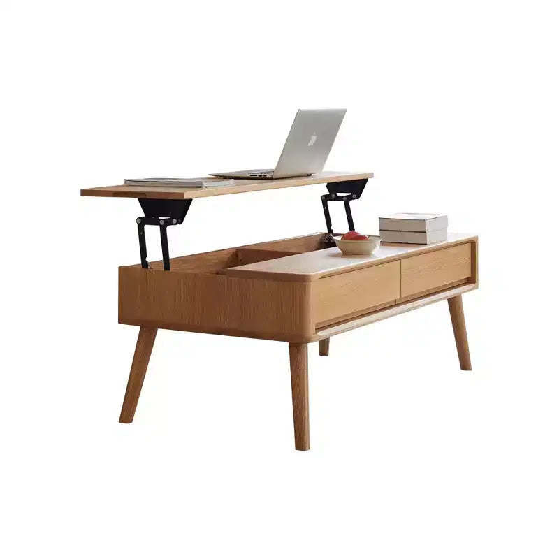 Table basse relevable, table centrale en chêne massif avec rangement caché
