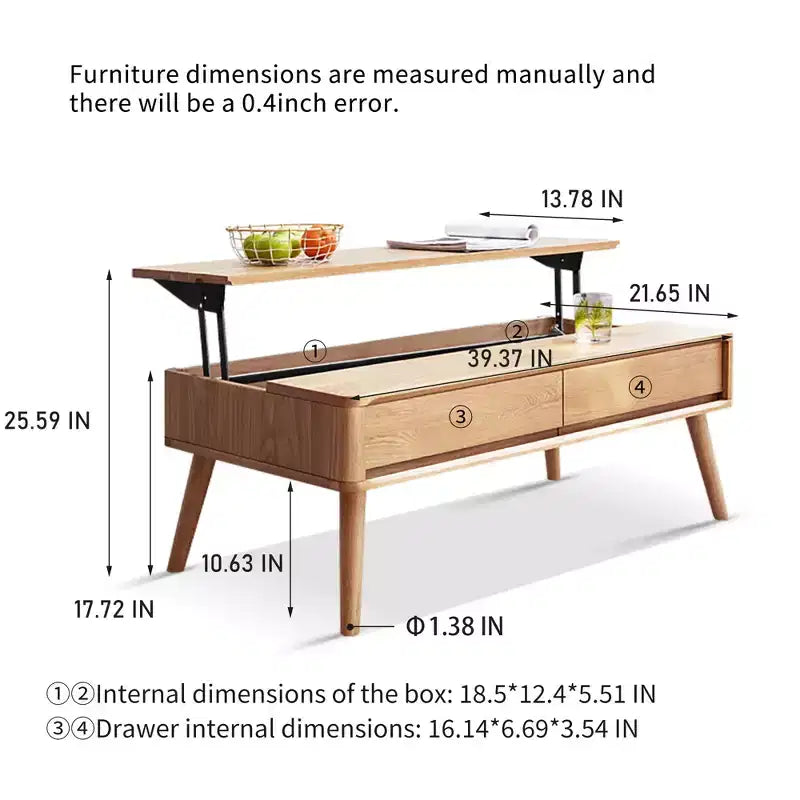 Table basse relevable, table centrale en chêne massif avec rangement caché