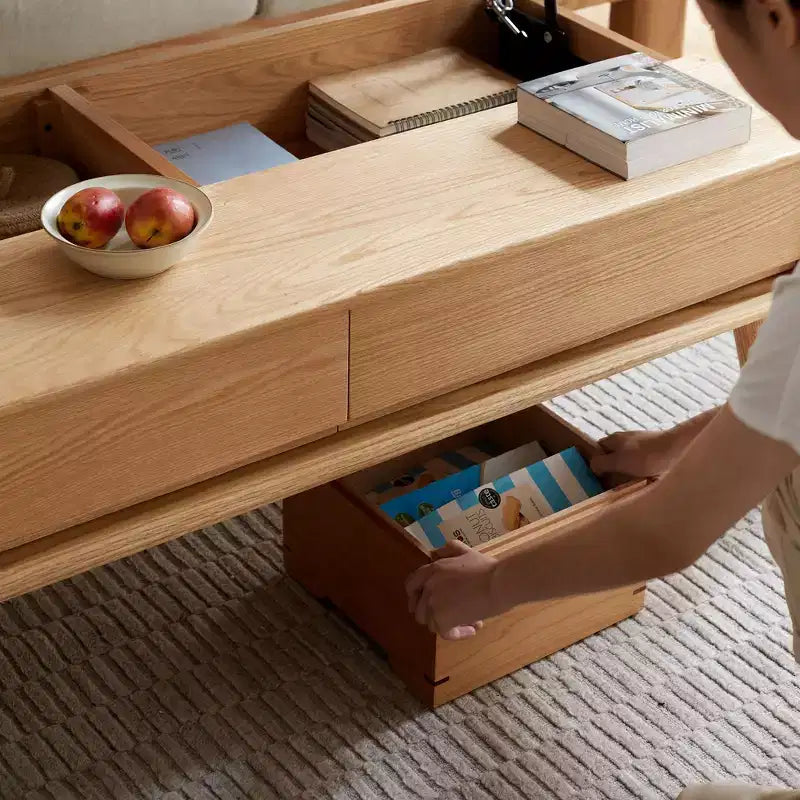 Table basse relevable, table centrale en chêne massif avec rangement caché