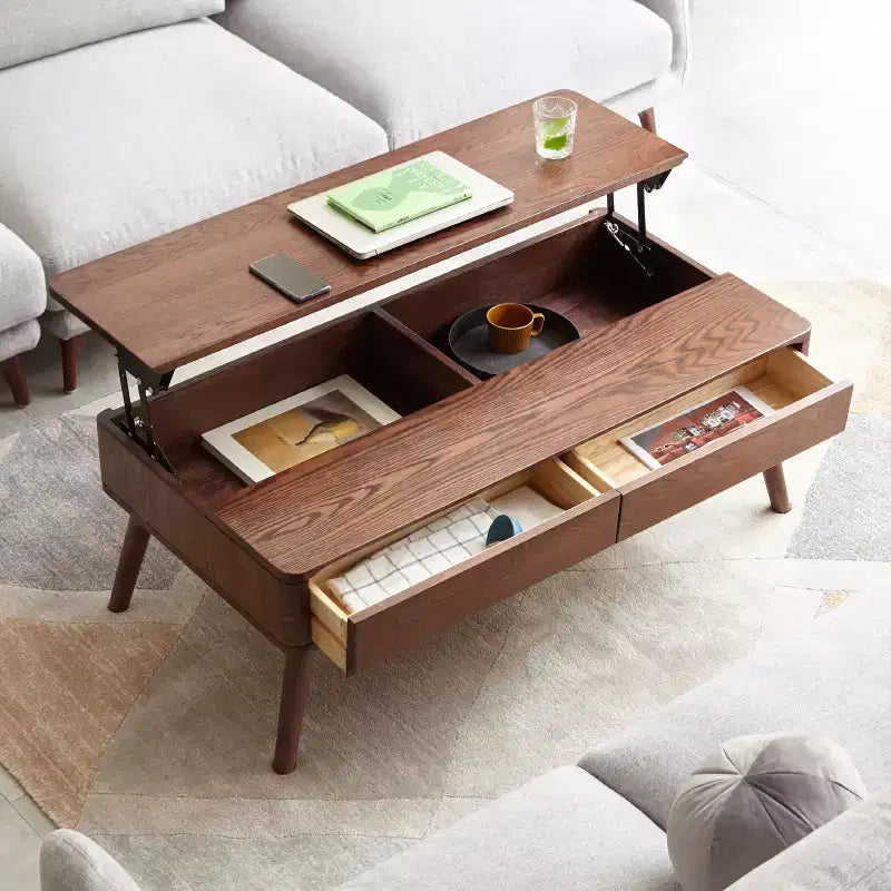 Table basse relevable, table centrale en chêne massif avec rangement caché