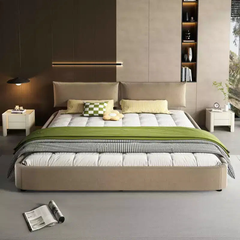 MAYEERTY King Size Cloud Bed Frame with Oversized Padded Movable Headboard, Round Corner, Metal Solid Wooden Slat Double Support Camel