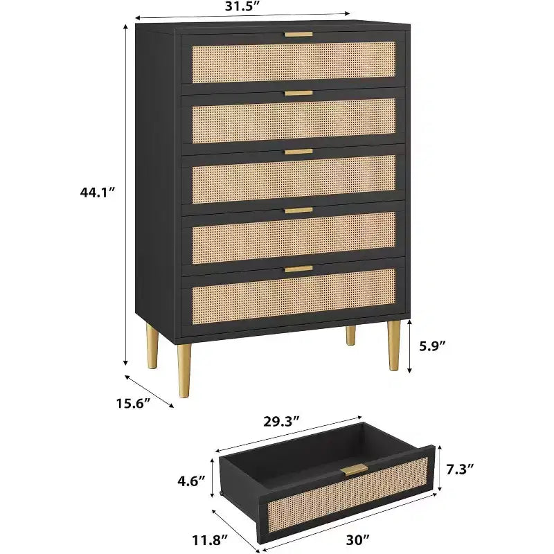 Commode 5 tiroirs en rotin Commode en bois élégante Commode en rotin