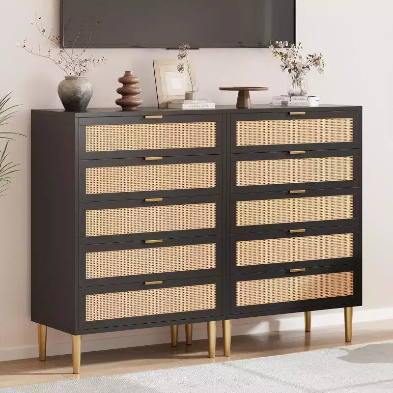 Commode 5 tiroirs en rotin Commode en bois élégante Commode en rotin