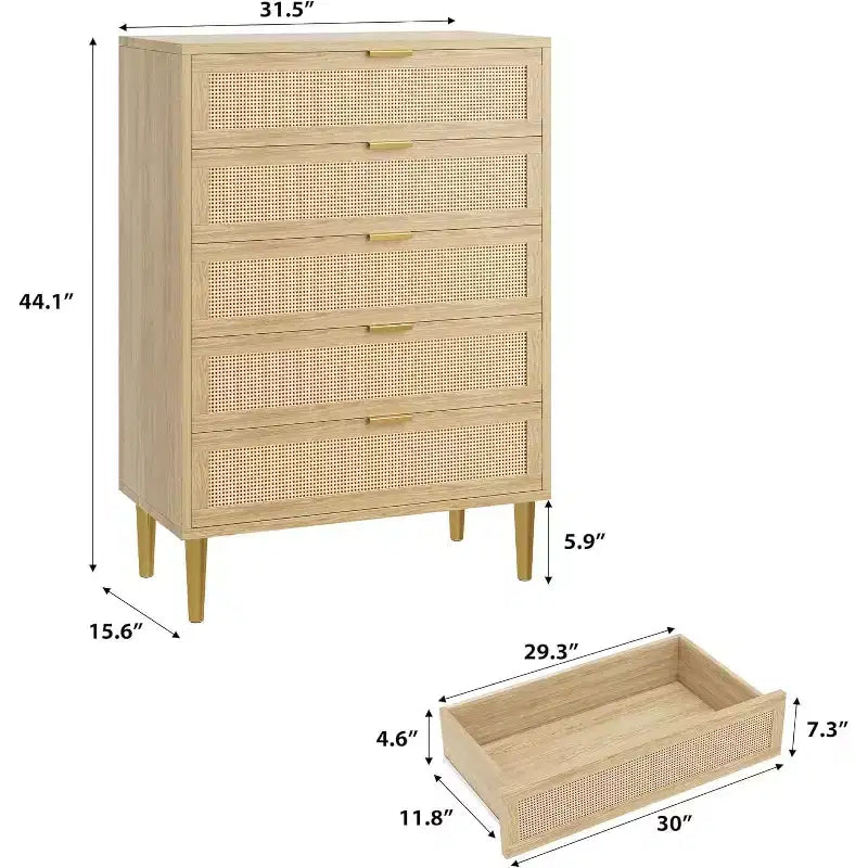 Commode 5 tiroirs en rotin Commode en bois élégante Commode en rotin
