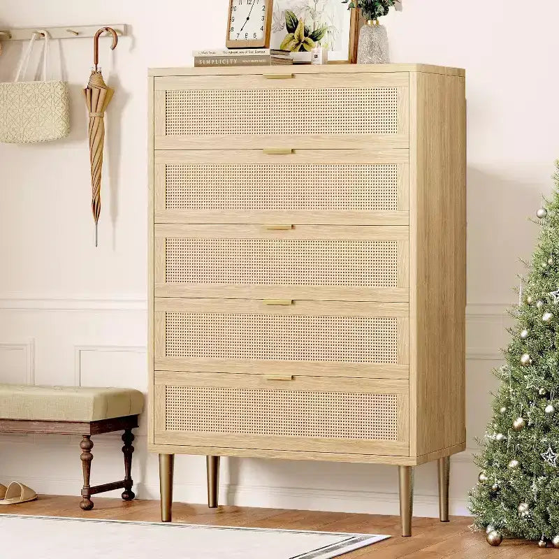 Commode 5 tiroirs en rotin Commode en bois élégante Commode en rotin