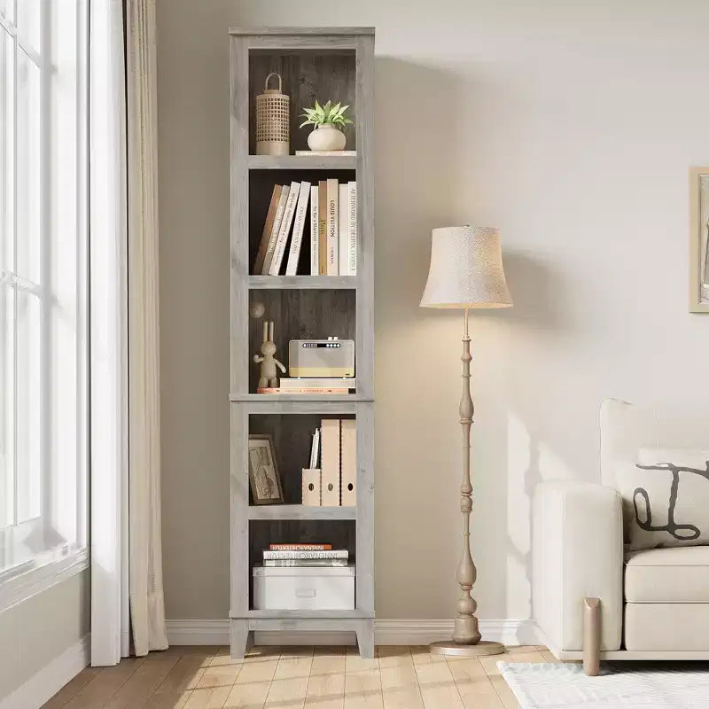 Étagère étroite à 5 niveaux, Bibliothèque en bois avec étagères ouvertes