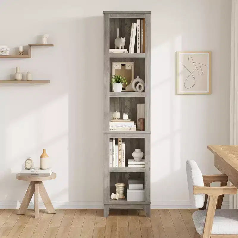 Étagère étroite à 5 niveaux, Bibliothèque en bois avec étagères ouvertes