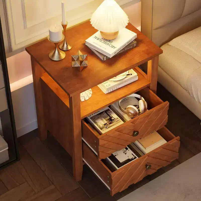 Table de chevet rustique de ferme avec étagère ouverte et pieds en bois
