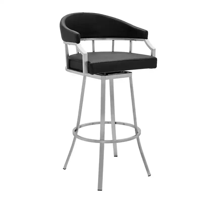 26" Palmdale Counter Height Barstool with Black Faux Leather Brushed Stainless Steel Finish - Armen Living: Swivel, Upholstered, Modern Design